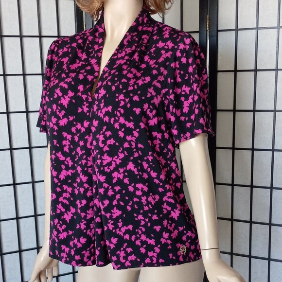 MICHAEL Michael Kors Fuchsia & Black Leaf Print V-Neck Blouse - Stretchy Sz L - Picture 3 of 8